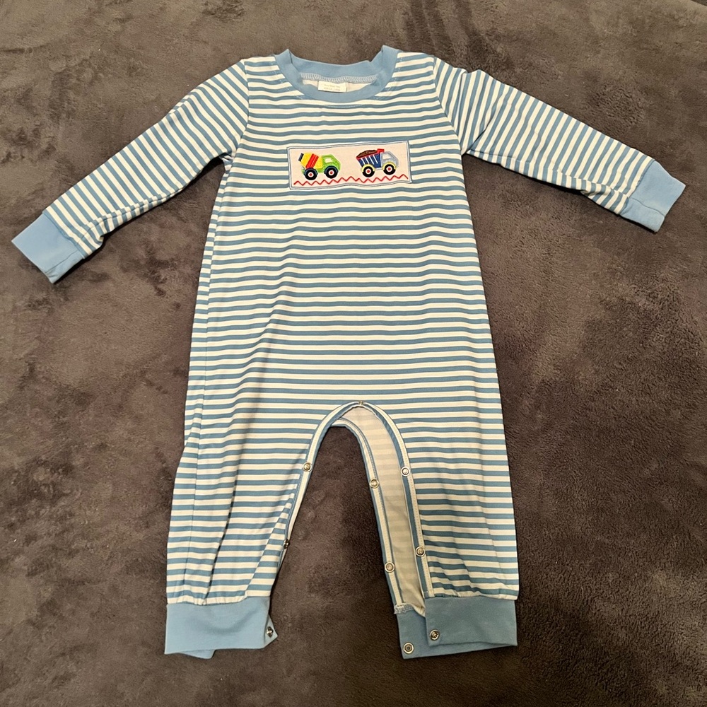 Smocked Trucks Boy Striped Blue Baby One Piece Romper